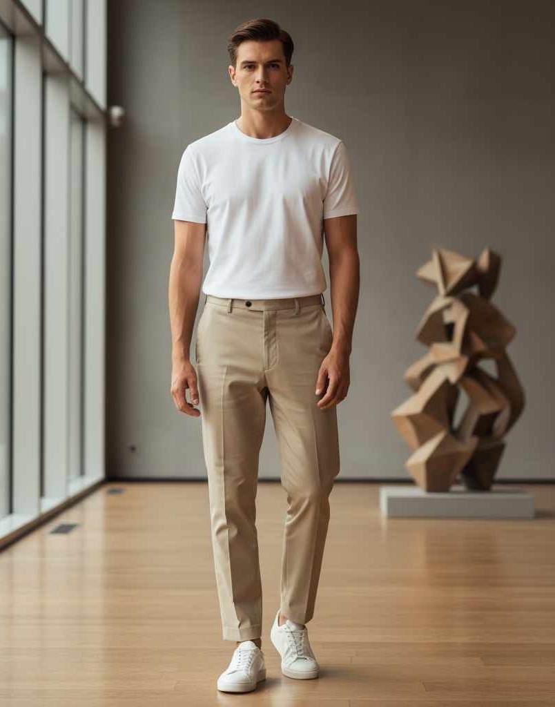 Minimalist men’s outfit 2026, white tee, beige tailored trousers, clean sneakers, soft daylight, editorial fashion shot