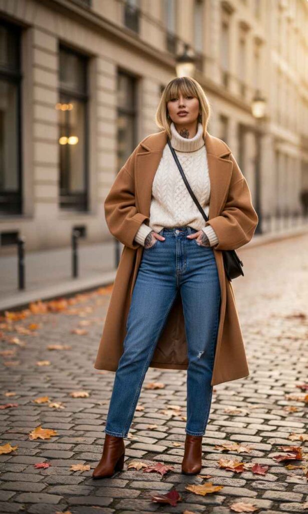 Fashion photography of a woman wearing an oversized camel wool coat, cream turtleneck sweater, straight-leg blue jeans, and cognac leather ankle boots, standing on a city street with fall leaves, golden hour lighting, editorial styl