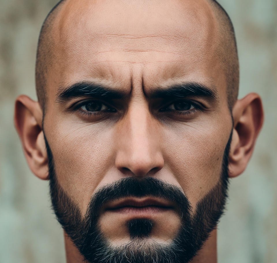 Bald man with sharp faded beard, bold masculine portrait, crisp details, soft shadows