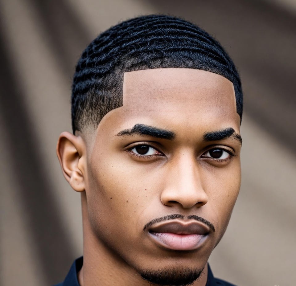 360 waves hairstyle with faded beard, clean lines, detailed skin and hair texture, studio portrait