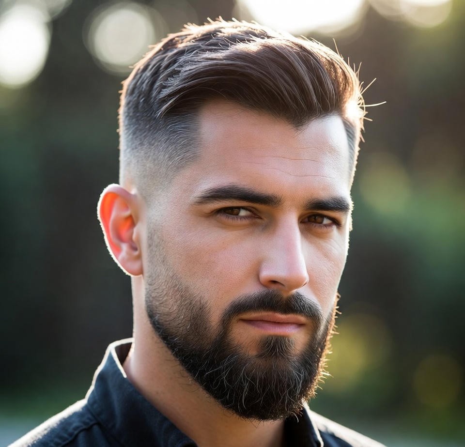 Boxed beard with soft fade, clean lines, corporate groomed male look, HD portrait lighting