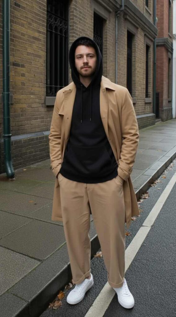 men Hoodie + Trench Coat Layering