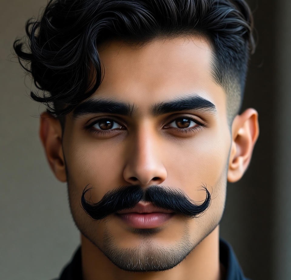 Stylish mustache with light beard fade, realistic facial hair texture, creative male grooming portrait