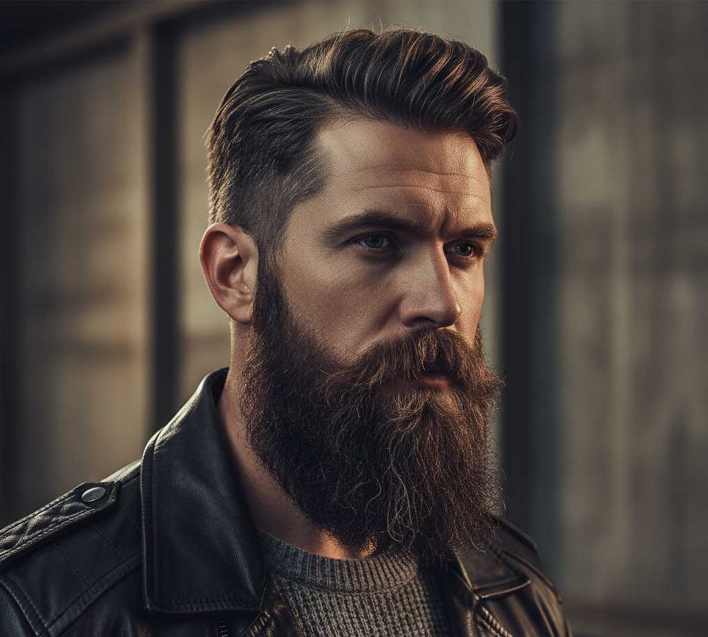 Full thick beard with structured fade, rugged modern man, cinematic portrait lighting
