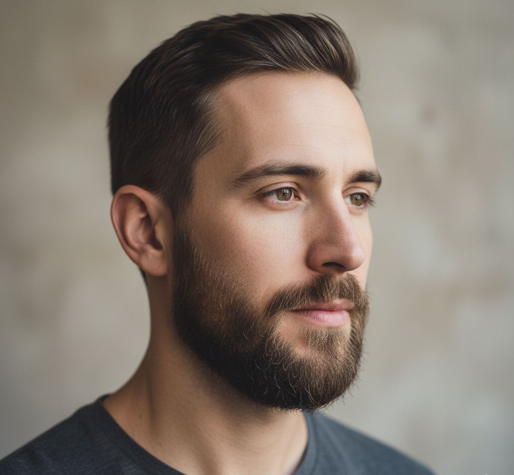 Shadow fade beard, soft gradient, clean shaved edges, realistic male portrait, soft light