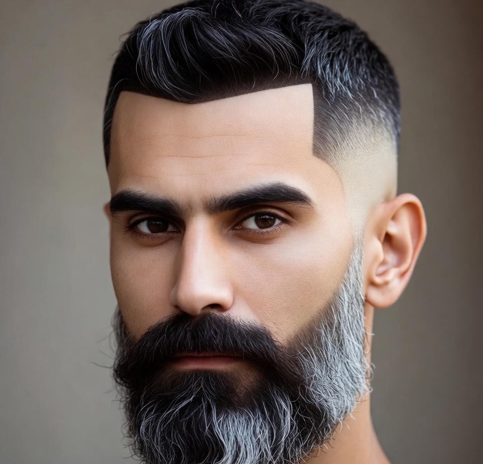 High fade beard merging with high fade haircut, crisp edges, masculine portrait, studio lighting, detailed texture