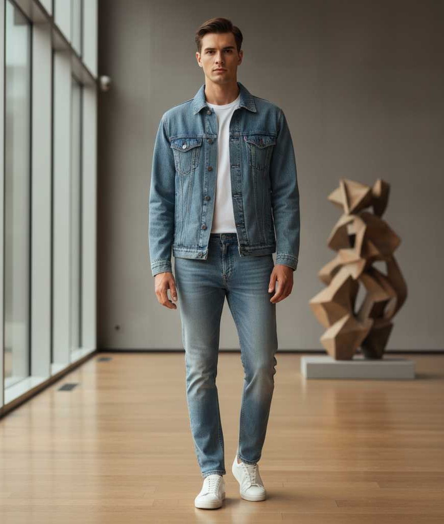 Light denim jacket with matching jeans, trendy men’s outfit, clean modern style, fashion editorial image