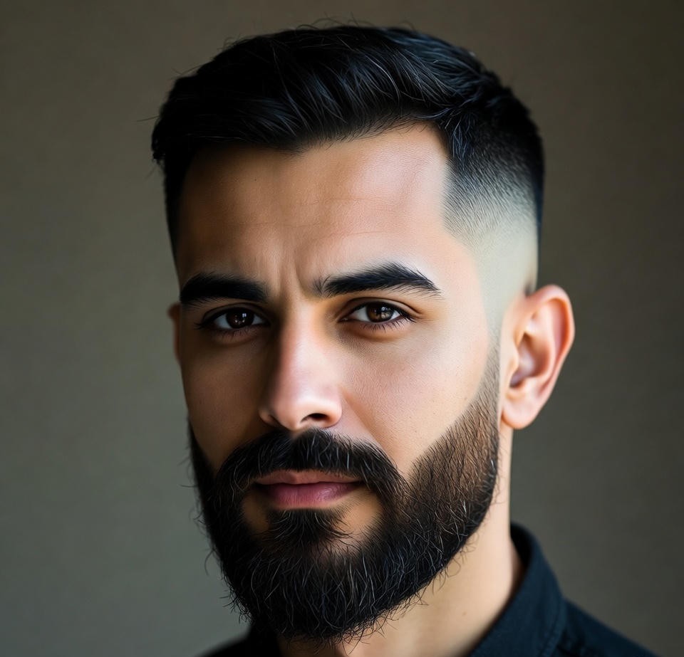 Mid fade beard with smooth gradient, natural texture, stylish man, soft studio light, hyper-realistic detail