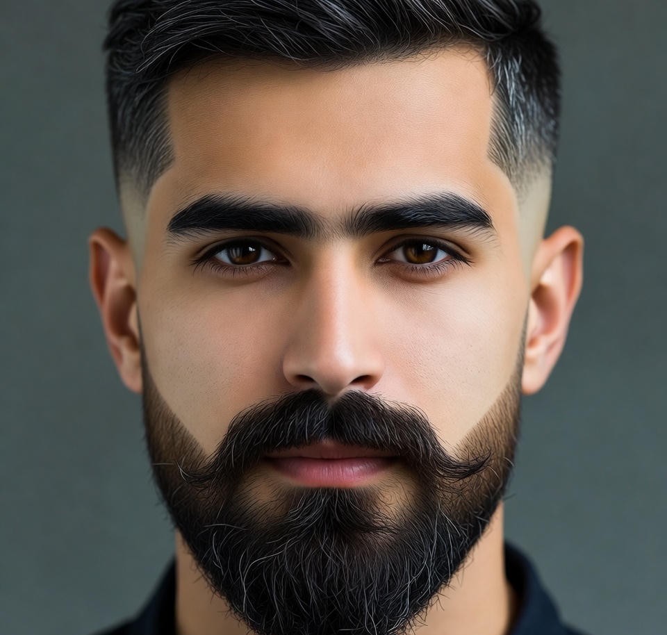 Tapered beard fade, full textured beard, blended edges, fashion male headshot, detailed lighting