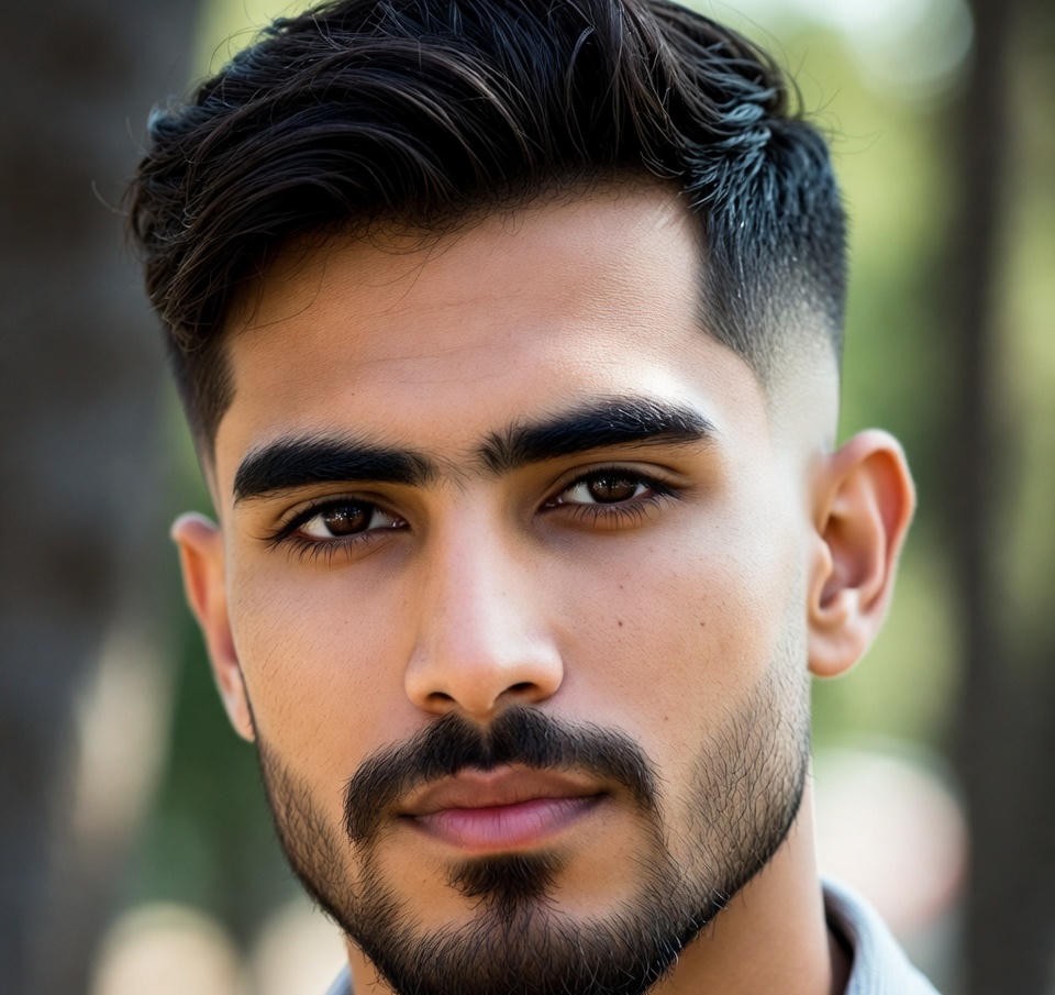Skin fade beard with ultra-clean gradient, sharp jawline, realistic portrait, dramatic lighting