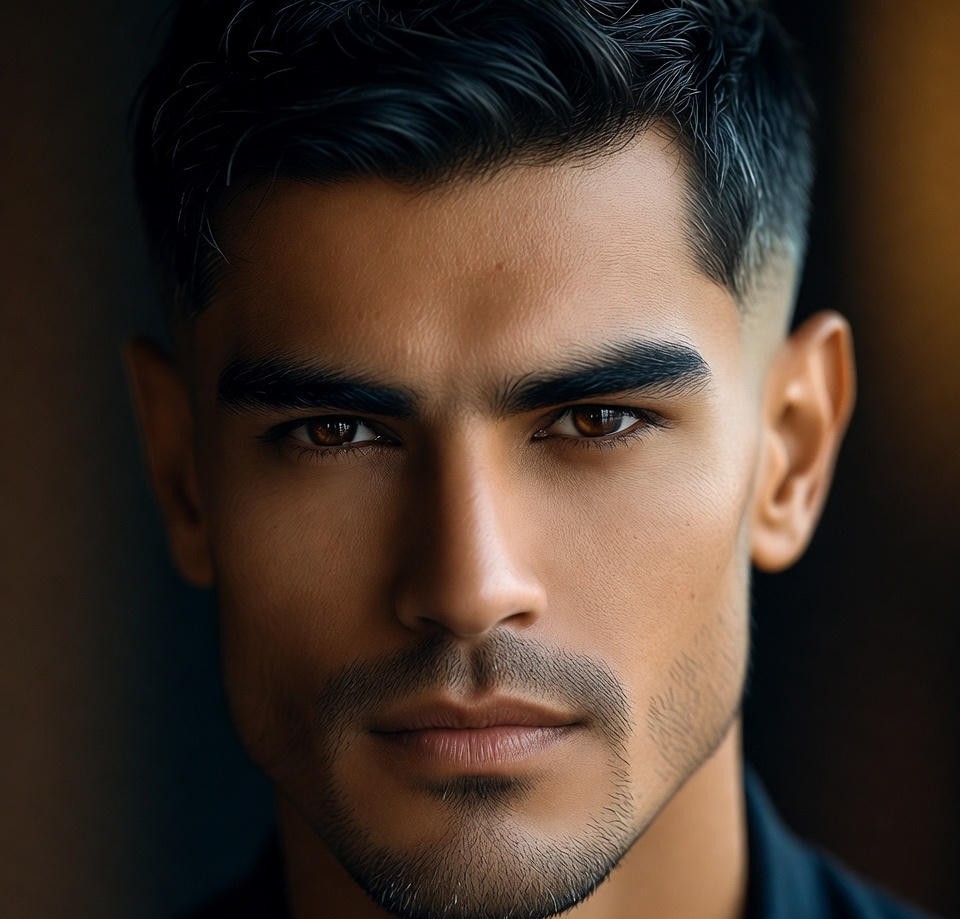 Stubble beard fade, subtle gradient, short facial hair, modern groomed man, cinematic lighting