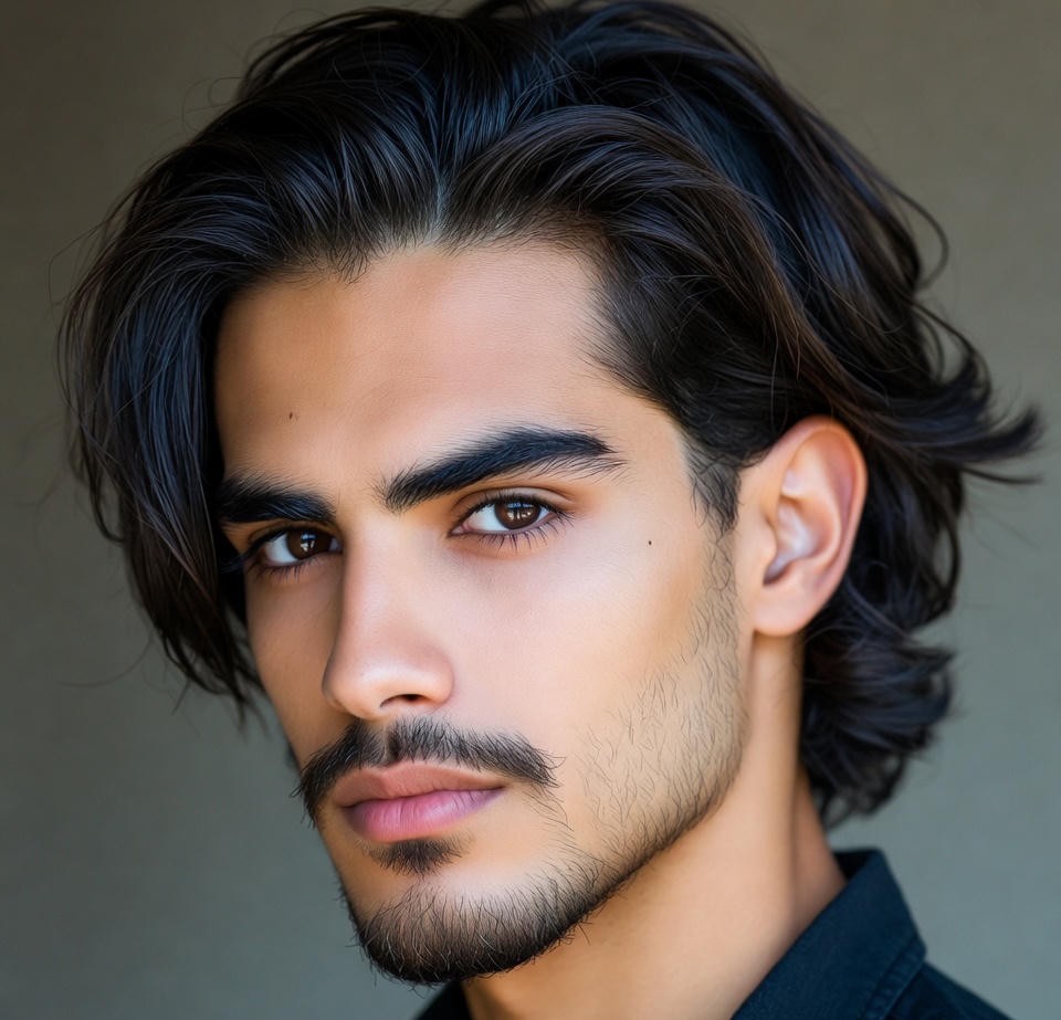 Long hairstyle with faded beard, stylish modern look, detailed hair texture, professional portrait lighting