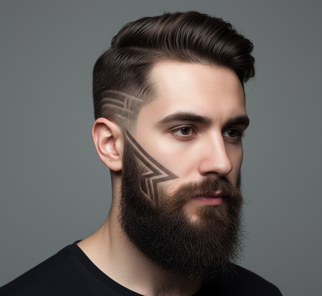 Beard fade with artistic line design, stylish young man, detailed facial hair, studio portrait